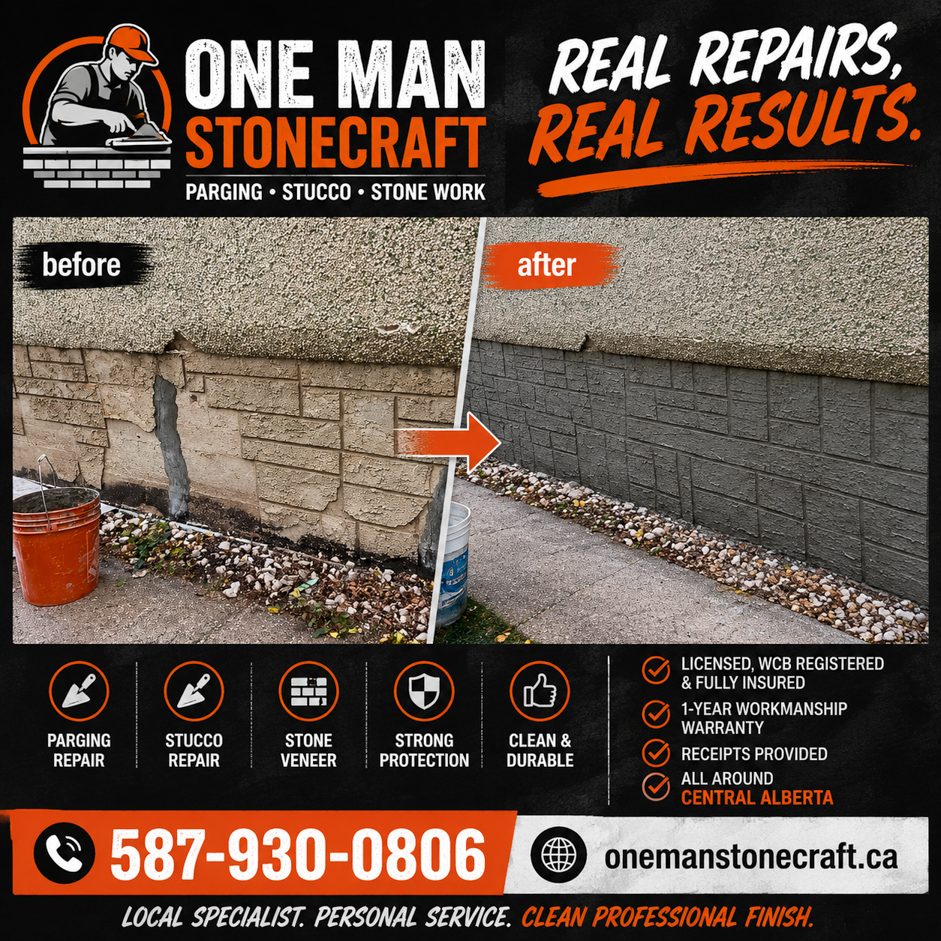 Parging Repair Service by One Man Stonecraft in Edmonton